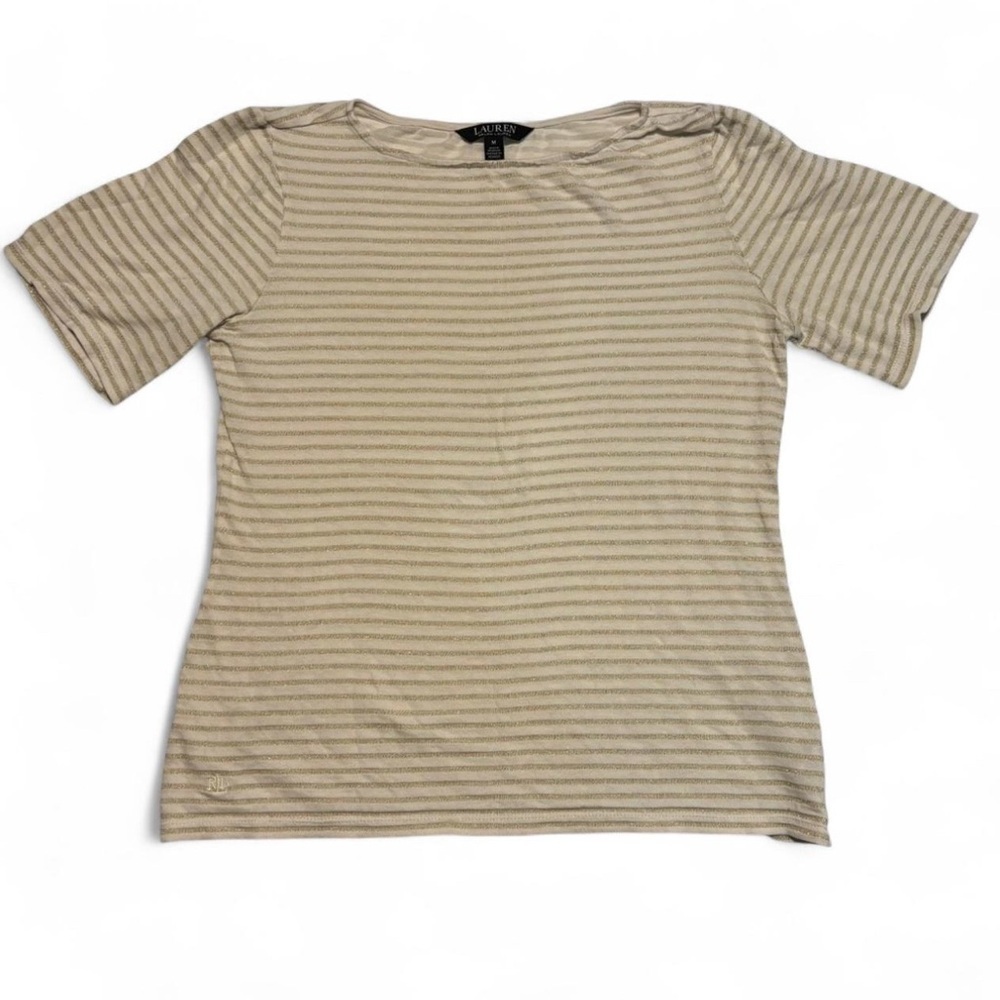 Lauren Ralph Lauren Black Label Women's Medium Knit Stripe T Shirt Gold Metallic